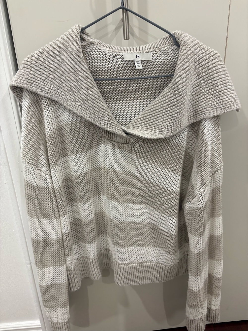 Banana Republic Taupe and Cream Striped V-Neck Sweater